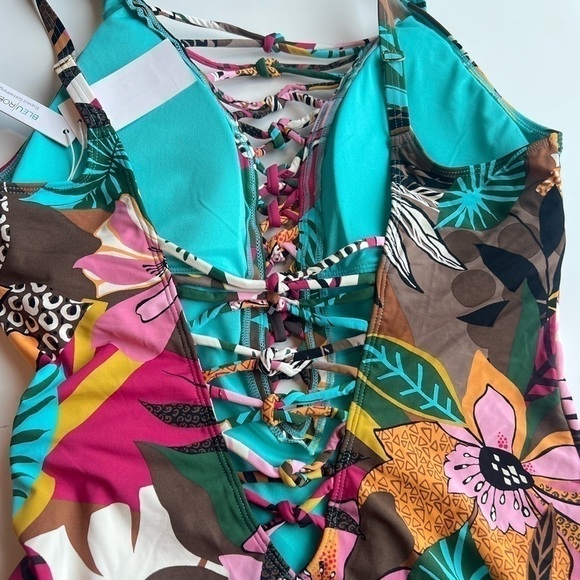 BLEU BY ROD BEATTIE  Lace-Up Over-the-Shoulder Swimsuit Jungle Book Floral 14 - Picture 11 of 15